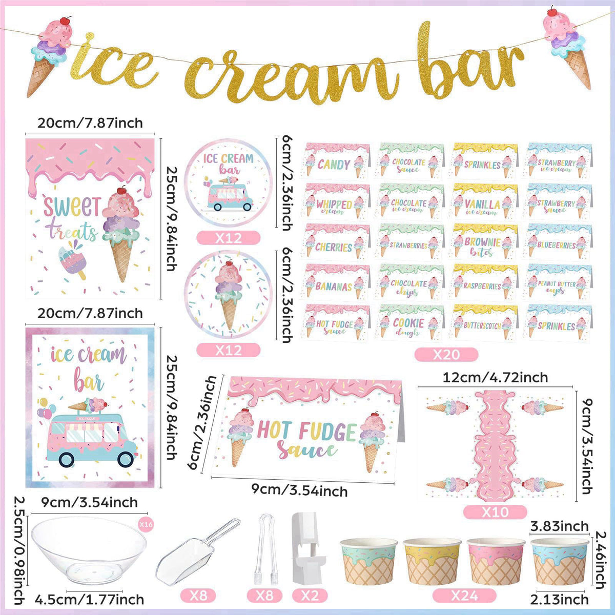 Hushee 115 Pcs Ice Cream Bar Supplies Kit, Ice Cream Party Supplies with Banner, 16 Topping Dishes, 24 Paper Bowls, Scoo