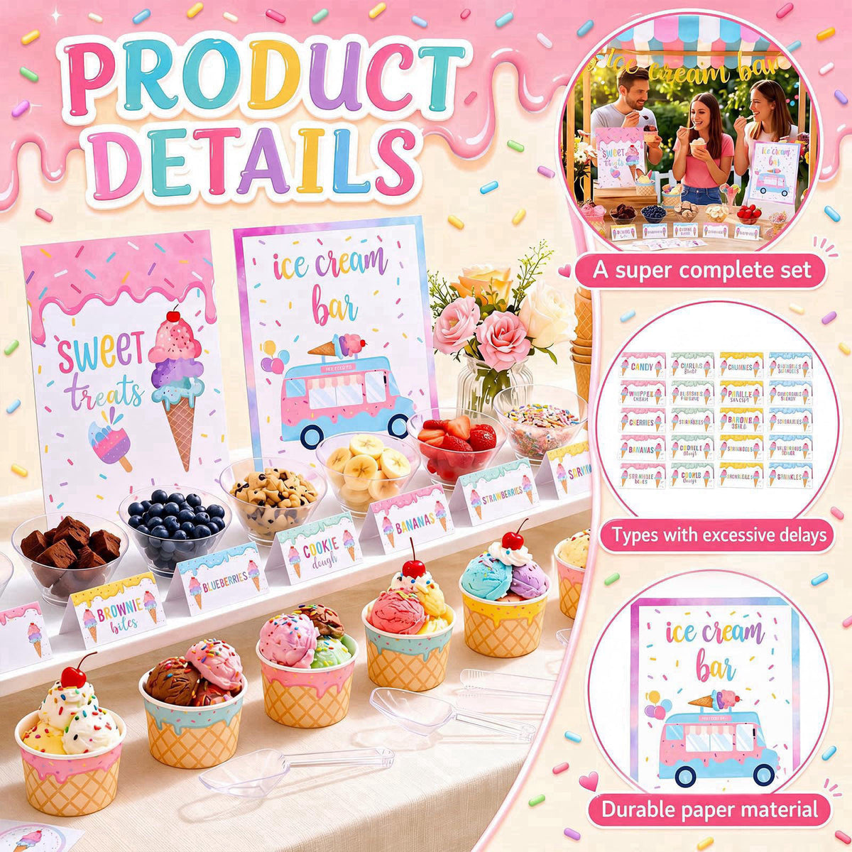 Hushee 115 Pcs Ice Cream Bar Supplies Kit, Ice Cream Party Supplies with Banner, 16 Topping Dishes, 24 Paper Bowls, Scoo