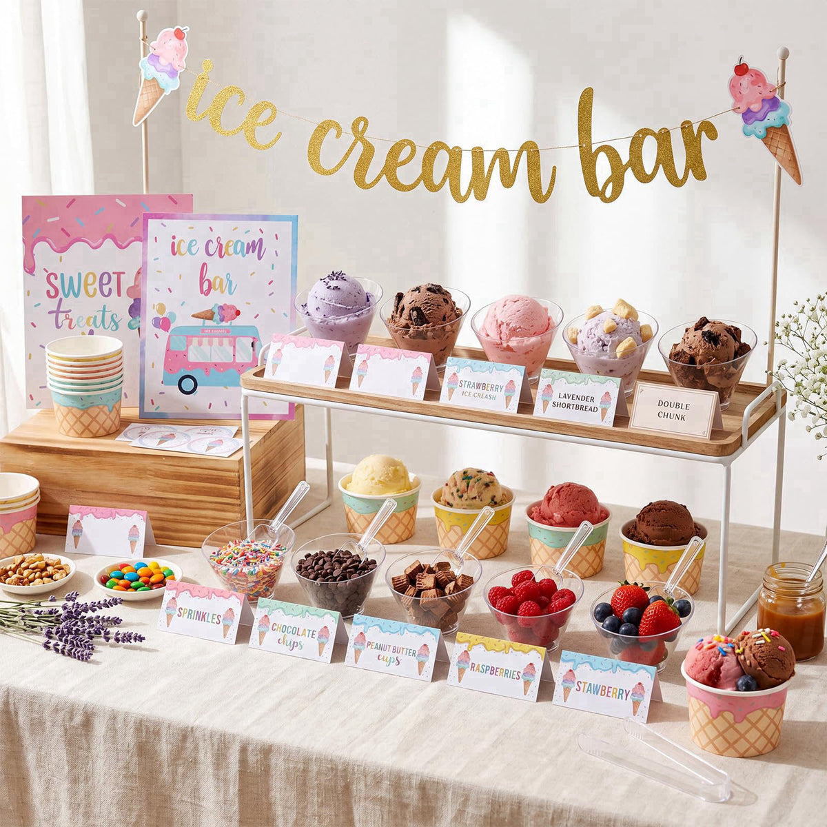 Hushee 115 Pcs Ice Cream Bar Supplies Kit, Ice Cream Party Supplies with Banner, 16 Topping Dishes, 24 Paper Bowls, Scoo