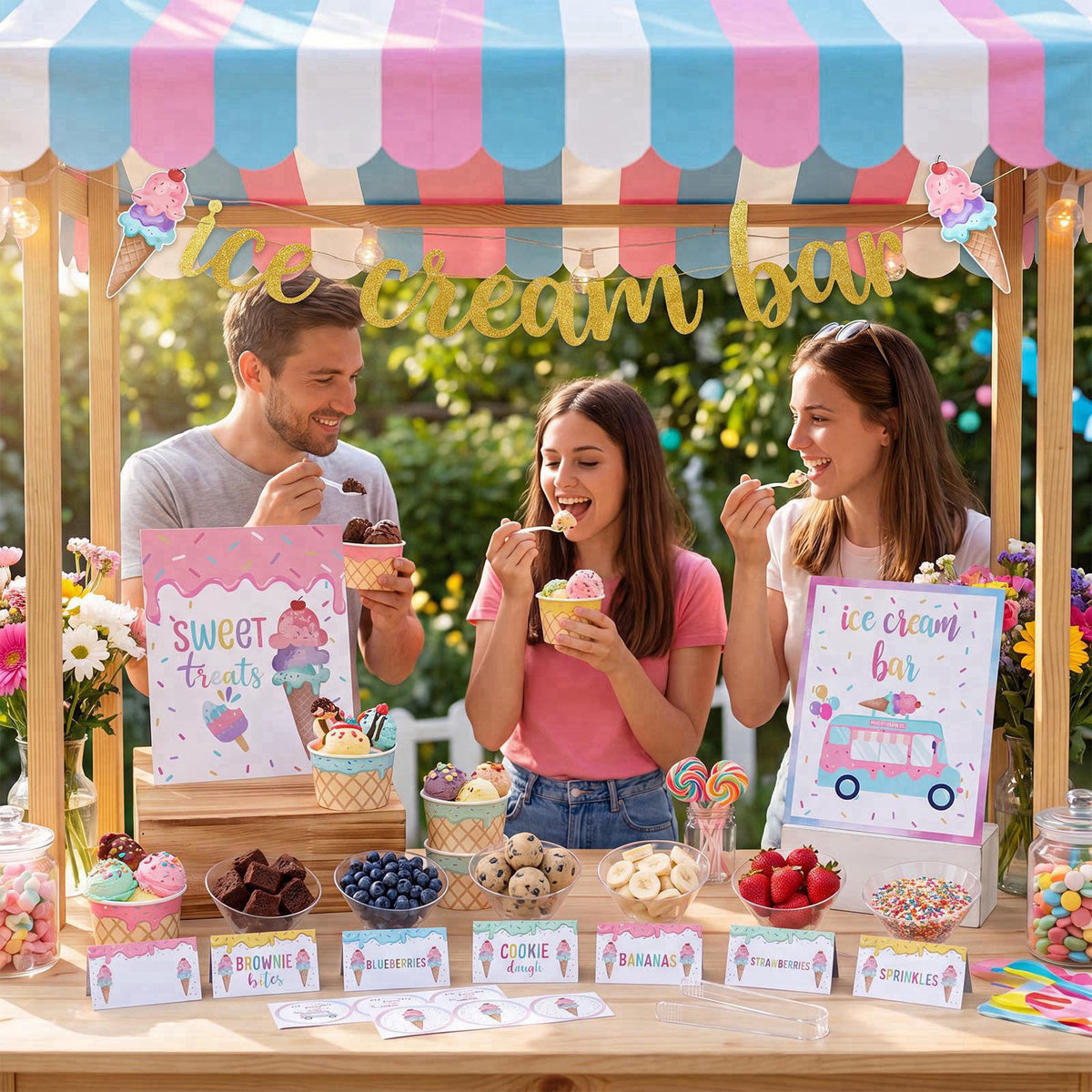 Hushee 115 Pcs Ice Cream Bar Supplies Kit, Ice Cream Party Supplies with Banner, 16 Topping Dishes, 24 Paper Bowls, Scoo