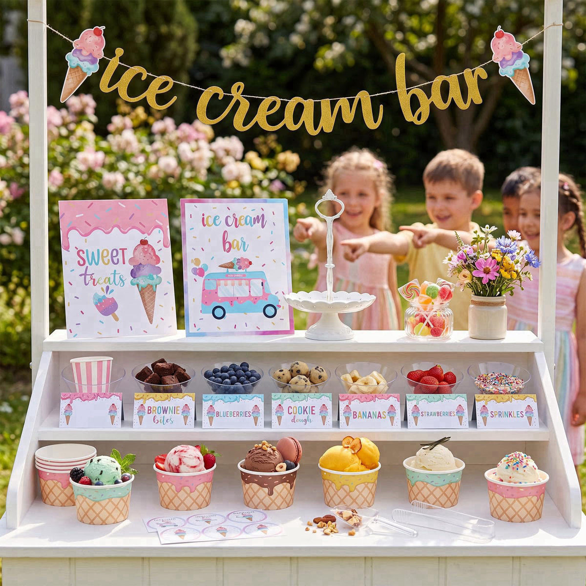 Hushee 115 Pcs Ice Cream Bar Supplies Kit, Ice Cream Party Supplies with Banner, 16 Topping Dishes, 24 Paper Bowls, Scoo