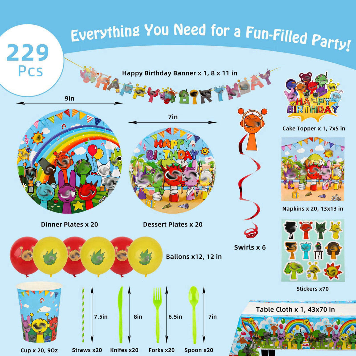 DUMBI 229 PCS Birthday Party Supplies Set, Serves 20 – Plates, Cups, Balloons, Banner, Tablecloth, Cake Topper, Napkins 