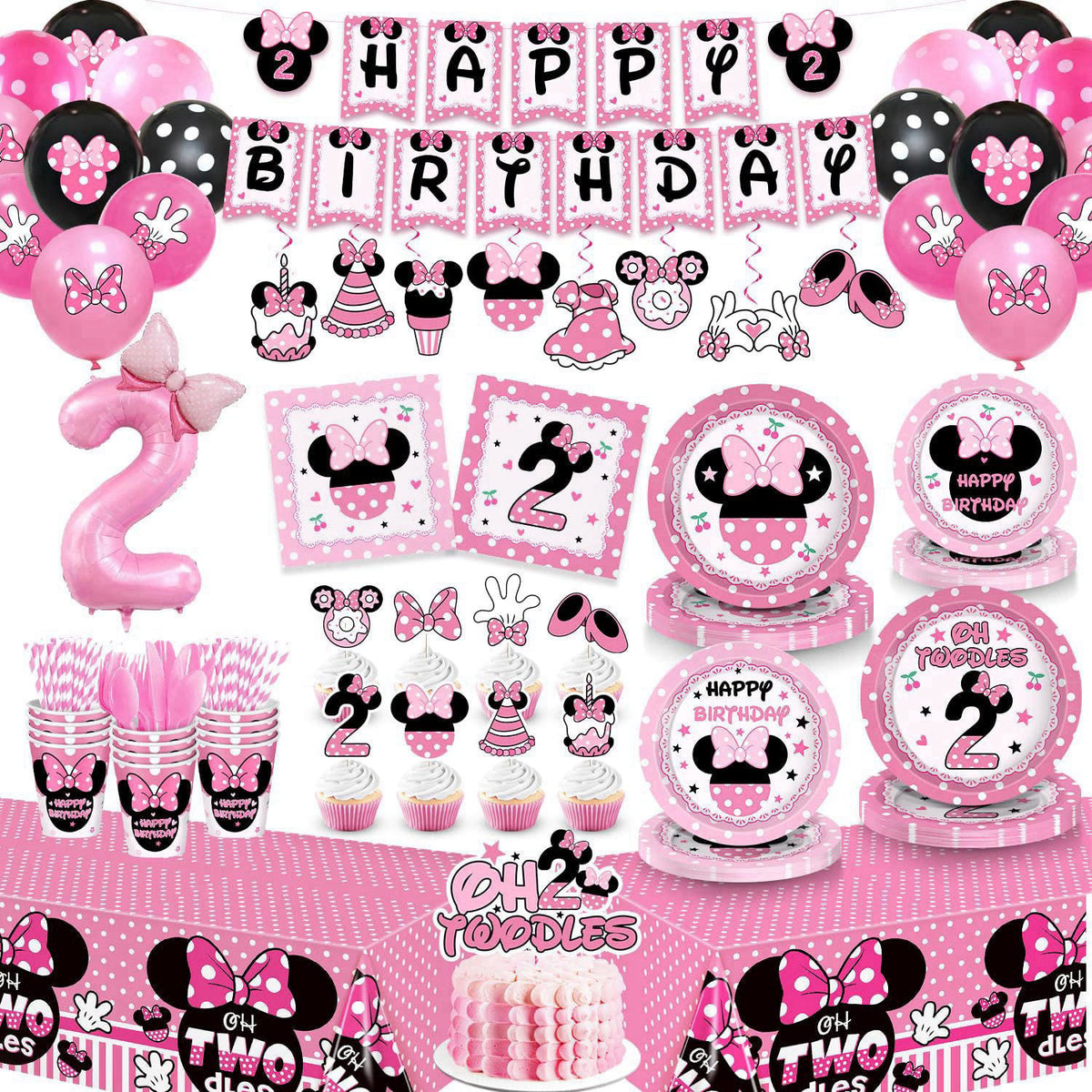 XSOOH 247 Pcs Oh Twodles Birthday Party Supplies Girl, Happy 2nd Birthday Decor
