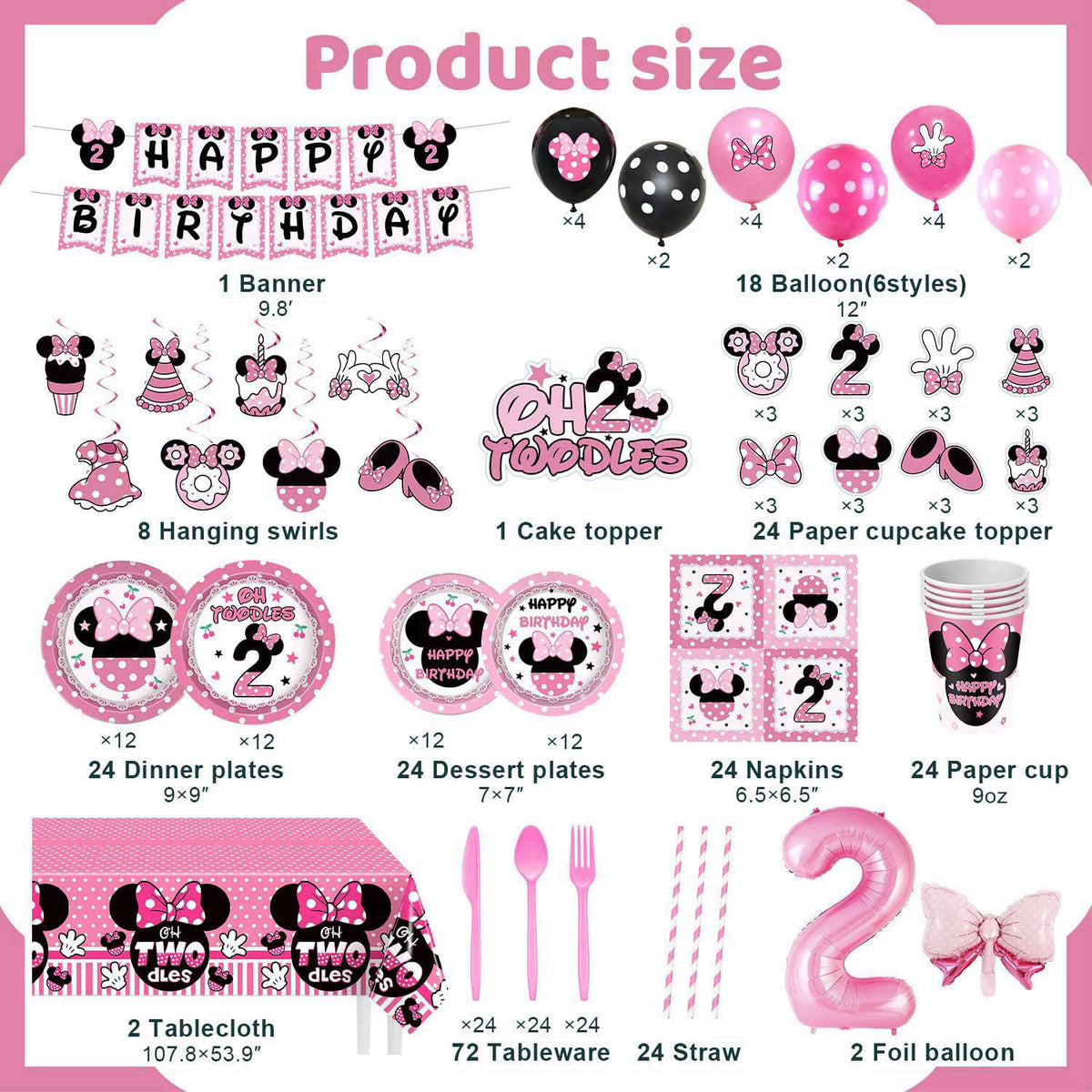 XSOOH 247 Pcs Oh Twodles Birthday Party Supplies Girl, Happy 2nd Birthday Decor – packaging and label