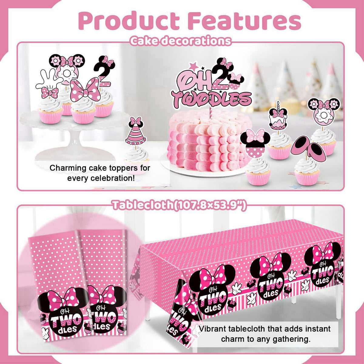 XSOOH 247 Pcs Oh Twodles Birthday Party Supplies Girl, Happy 2nd Birthday Decor – full view