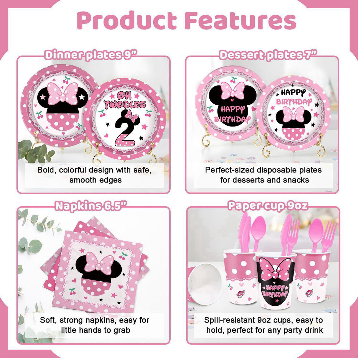 XSOOH 247 Pcs Oh Twodles Birthday Party Supplies Girl, Happy 2nd Birthday Decor – back view and specifications