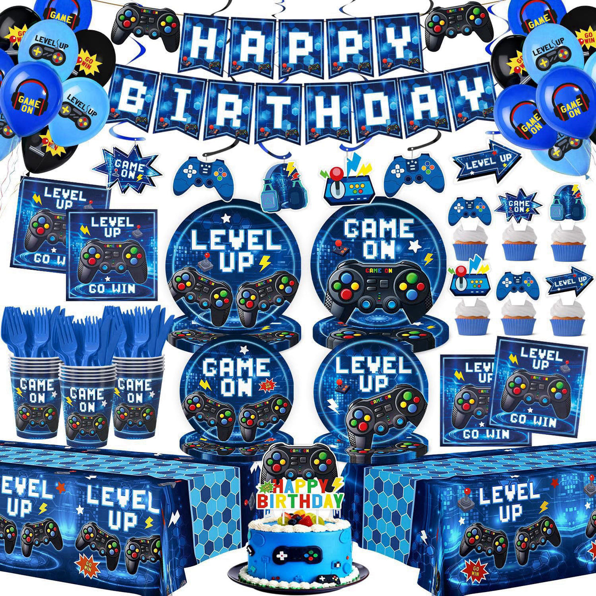 Kinovo 196 Pcs Video Game Birthday Party Decorations (Serves 24), Game Party Tableware Include Banner Hanging Plates Nap