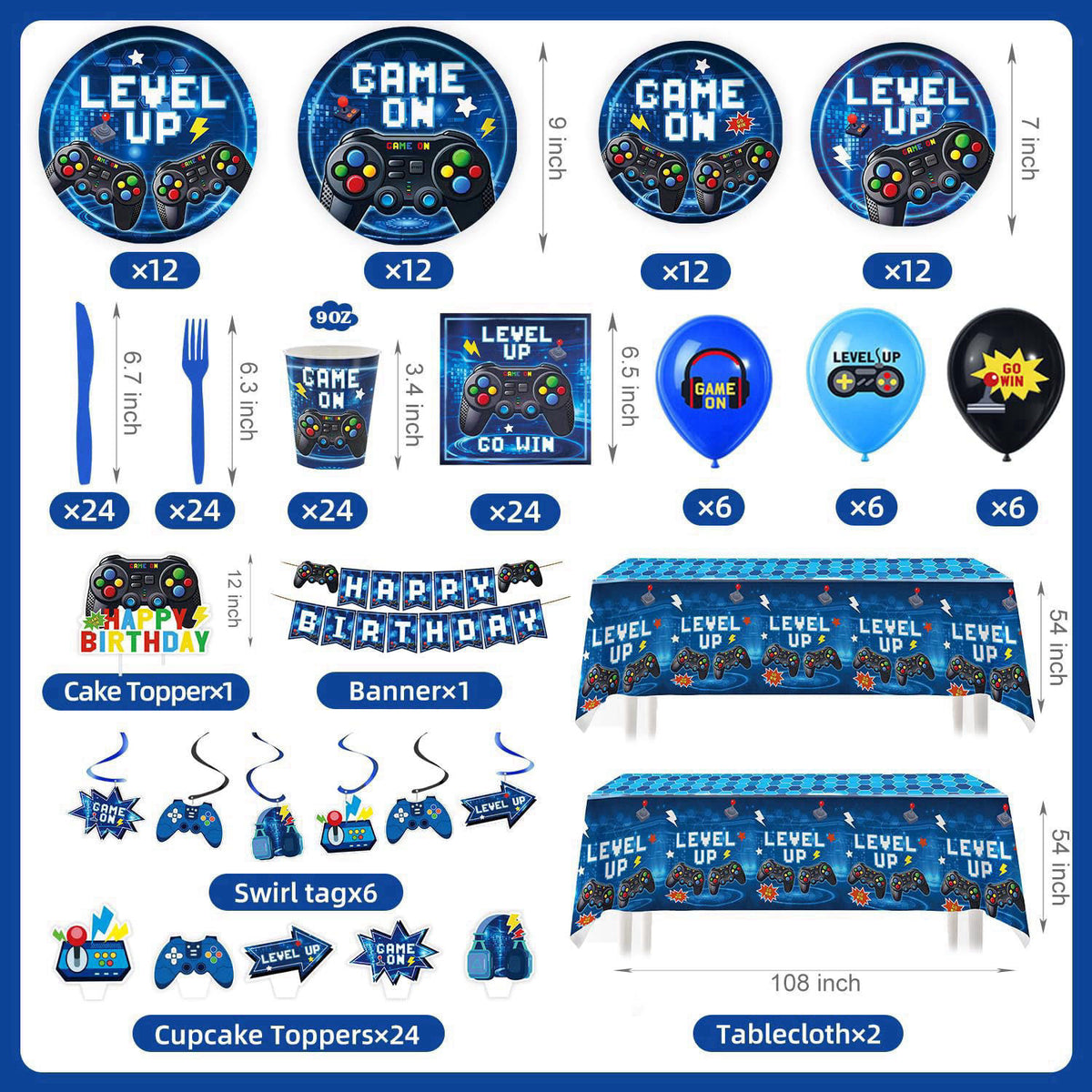 Kinovo 196 Pcs Video Game Birthday Party Decorations (Serves 24), Game Party Tableware Include Banner Hanging Plates Nap