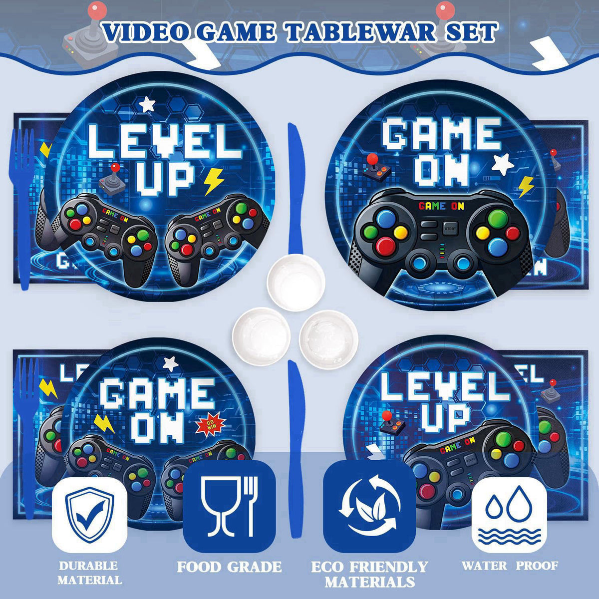 Kinovo 196 Pcs Video Game Birthday Party Decorations (Serves 24), Game Party Tableware Include Banner Hanging Plates Nap