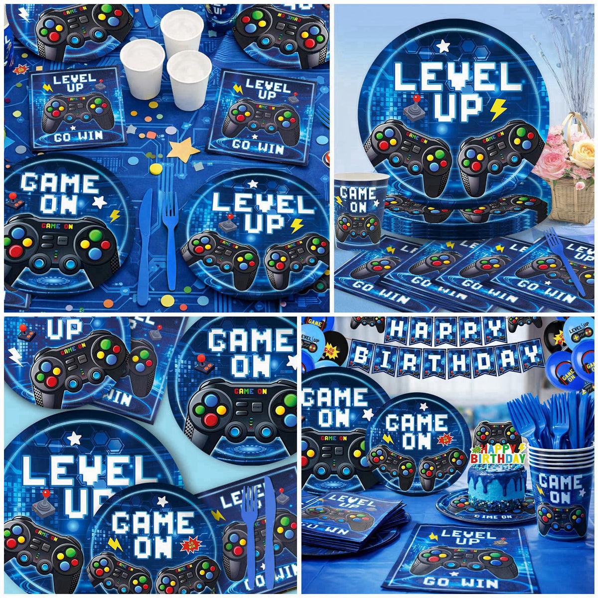 Kinovo 196 Pcs Video Game Birthday Party Decorations (Serves 24), Game Party Tableware Include Banner Hanging Plates Nap