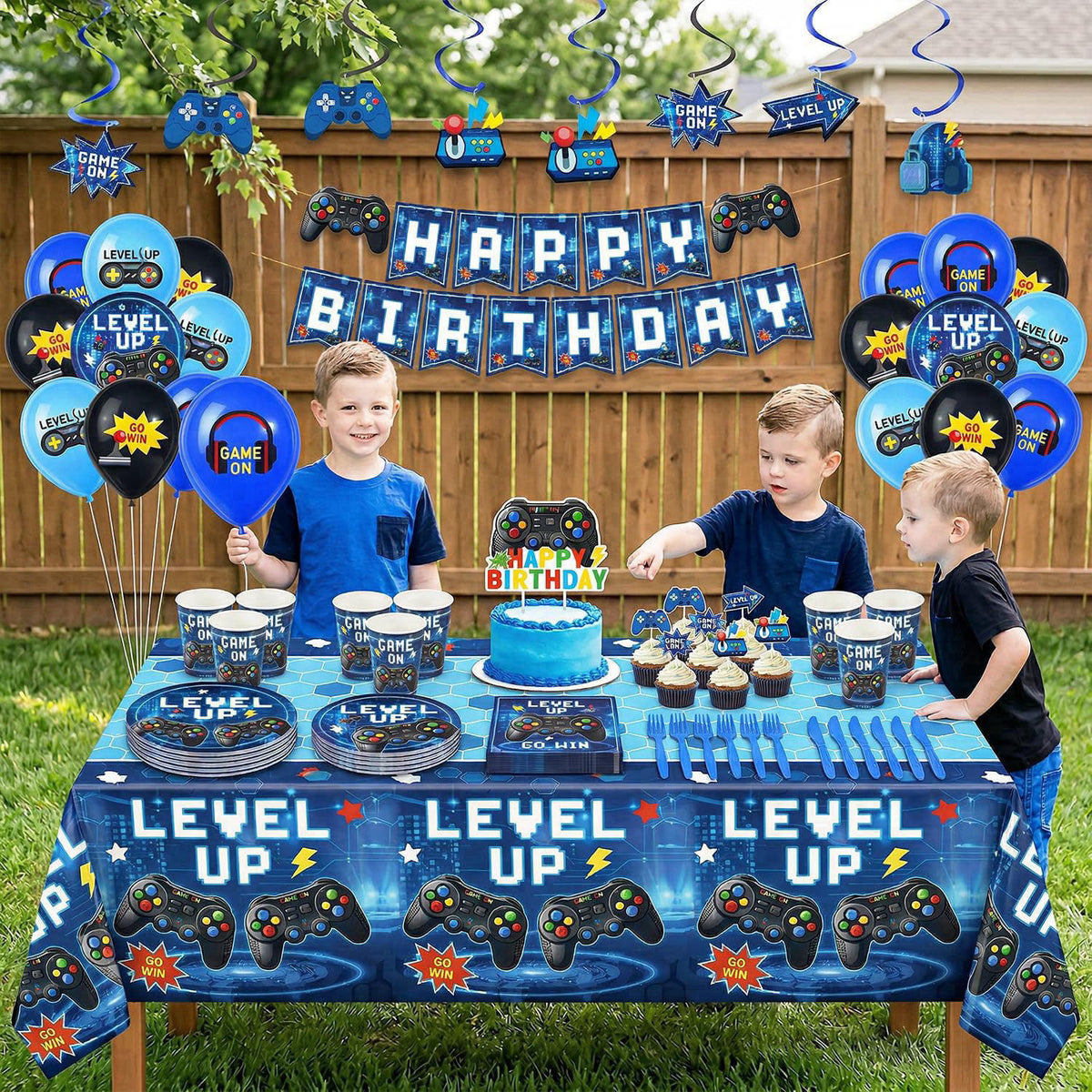 Kinovo 196 Pcs Video Game Birthday Party Decorations (Serves 24), Game Party Tableware Include Banner Hanging Plates Nap