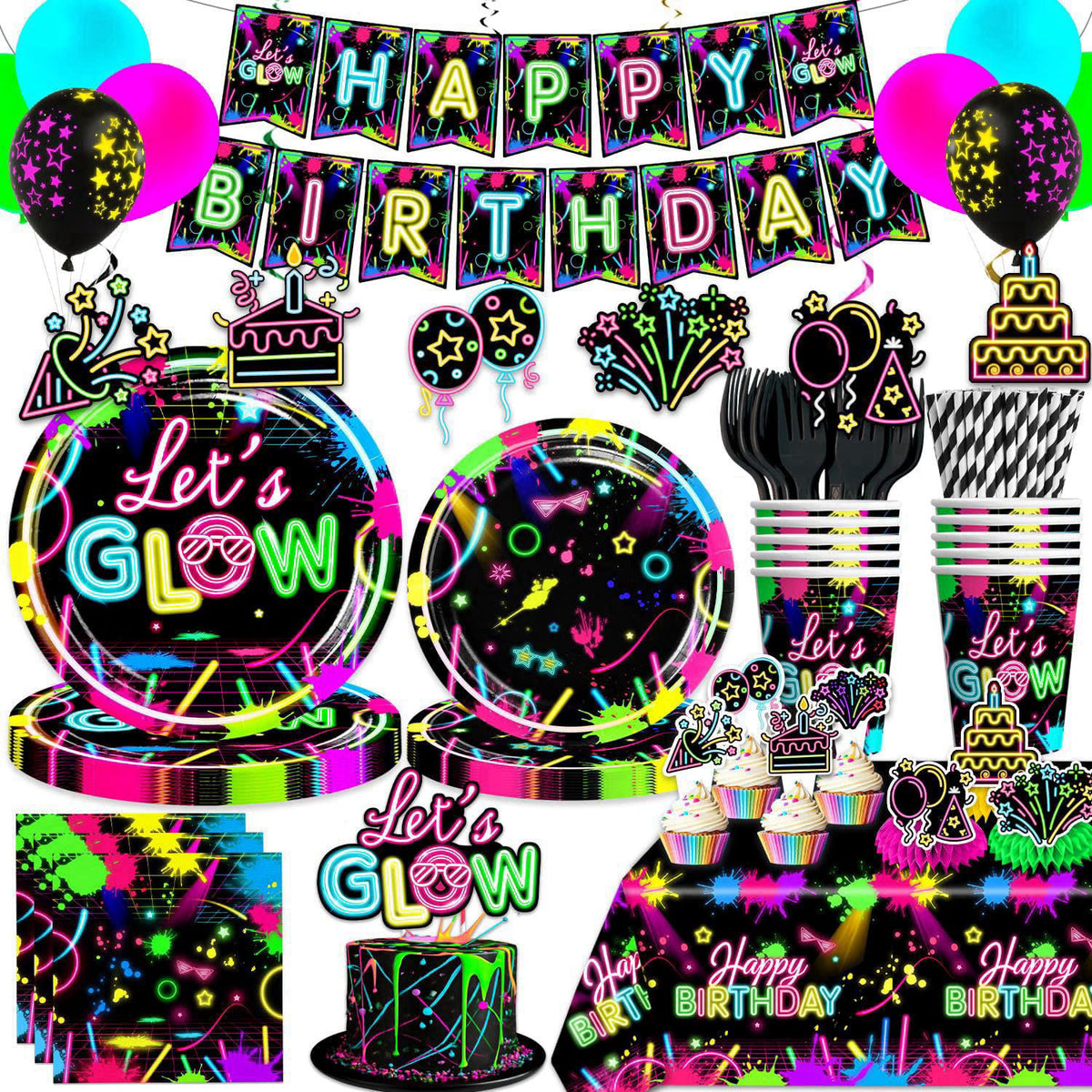 205pcs wellspar Neon Birthday Party Decorations Tableware Set, 25 Serves