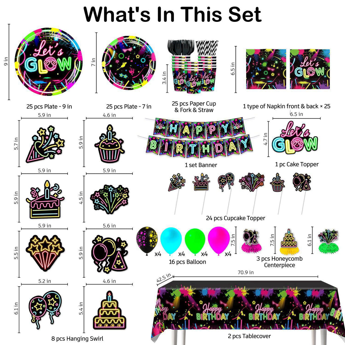 205pcs wellspar Neon Birthday Party Decorations Tableware Set, 25 Serves – close-up detail