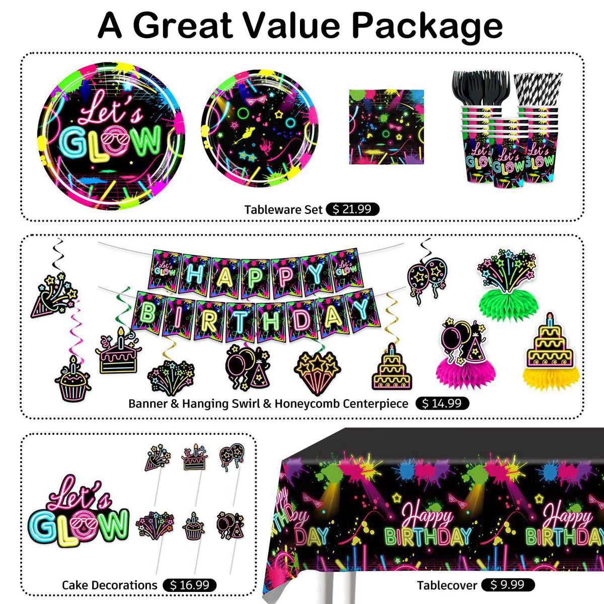 205pcs wellspar Neon Birthday Party Decorations Tableware Set, 25 Serves – packaging and label