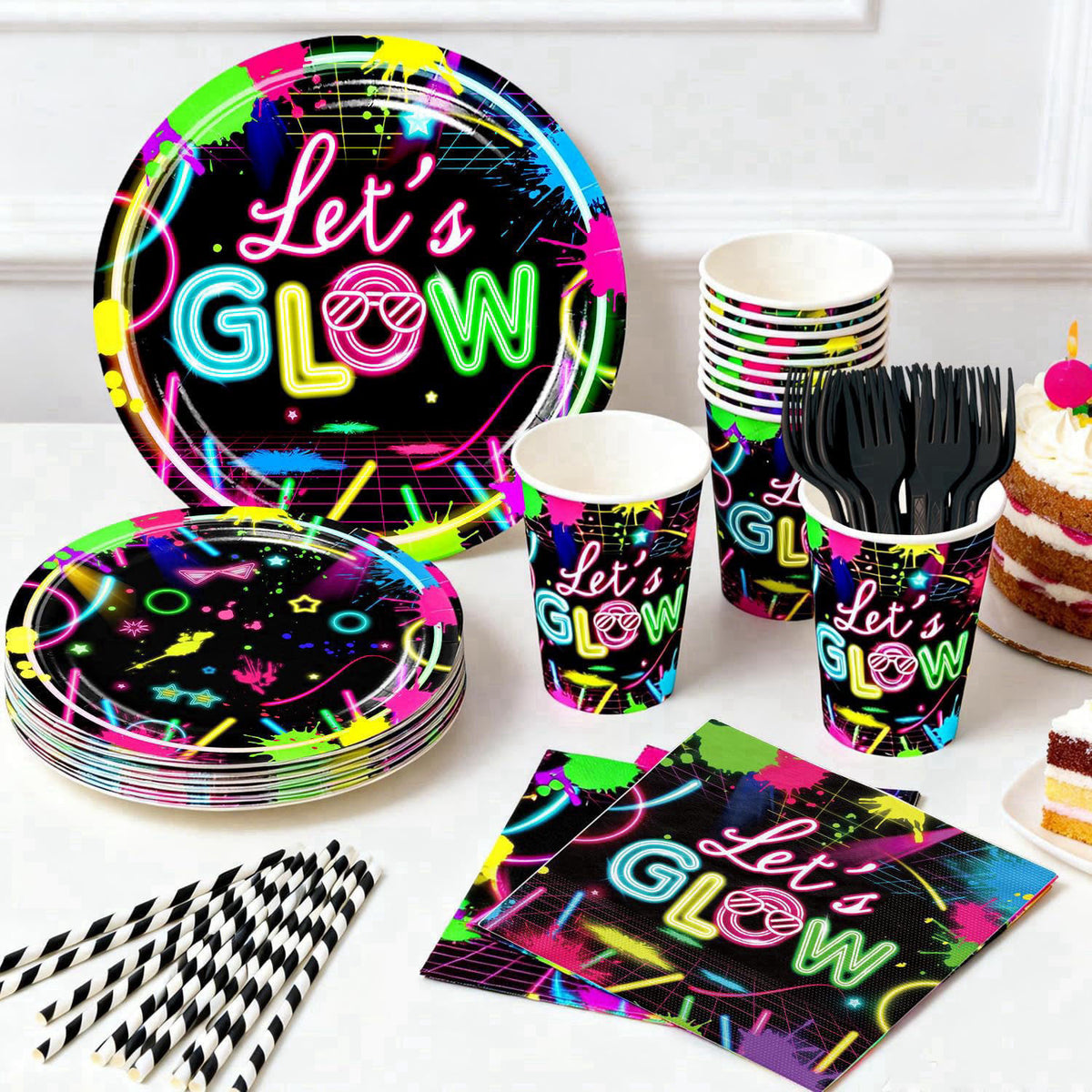 205pcs wellspar Neon Birthday Party Decorations Tableware Set, 25 Serves – back view and specifications
