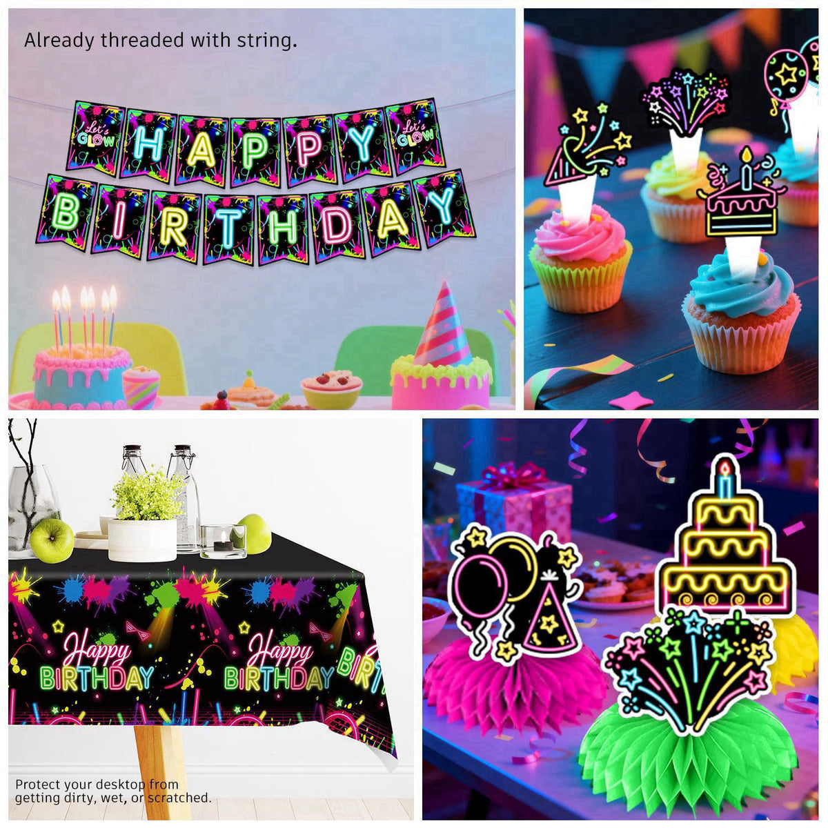 205pcs wellspar Neon Birthday Party Decorations Tableware Set, 25 Serves – alternate angle