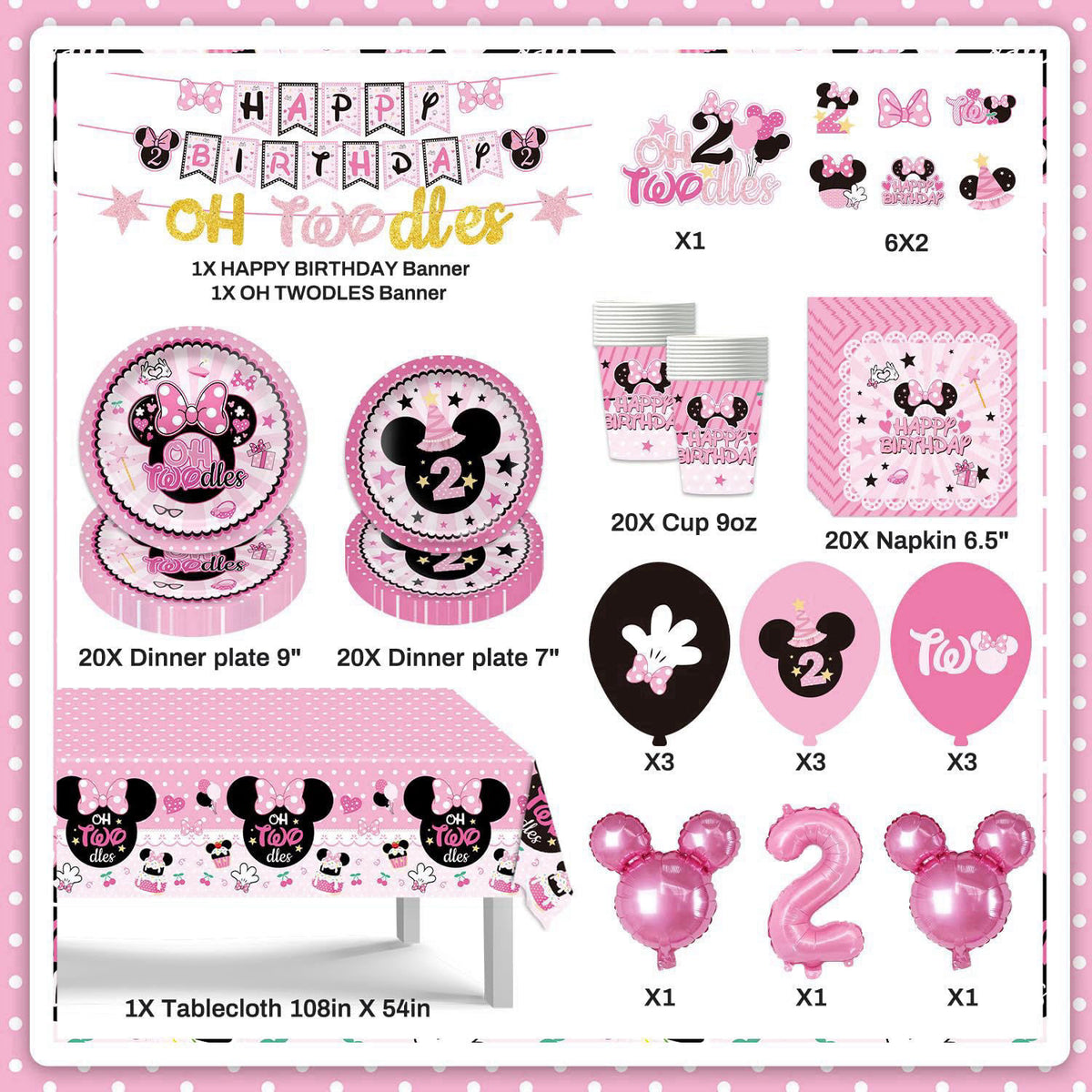 XHCYGWY 108Pcs Pink Mouse Birthday Decorations Tableware Oh Twodles Birthday Party Supplies Include Banner Plates Napkin