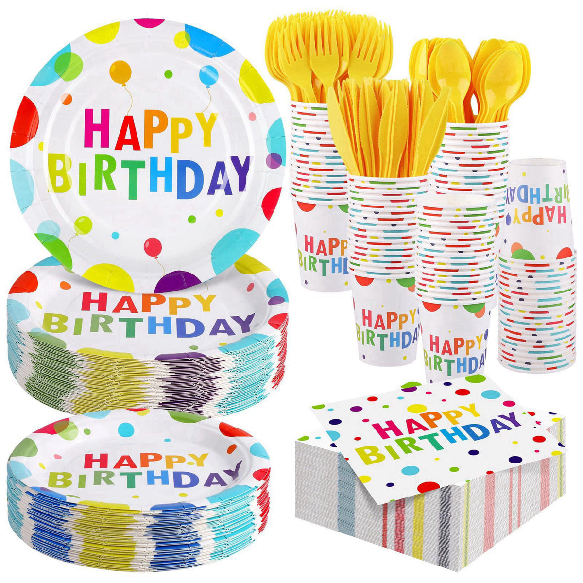 Kochorie 400 Pieces Happy Birthday Party Decorations Including Disposable Paper Plates Cups Napkins Tableware Sets Serve