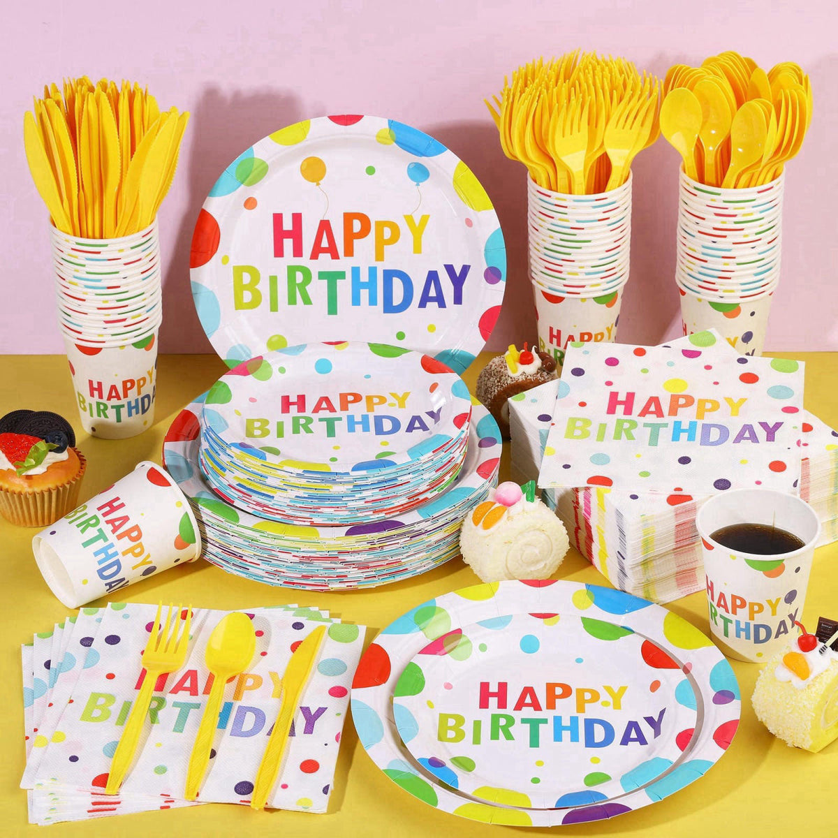 Kochorie 400 Pieces Happy Birthday Party Decorations Including Disposable Paper Plates Cups Napkins Tableware Sets Serve