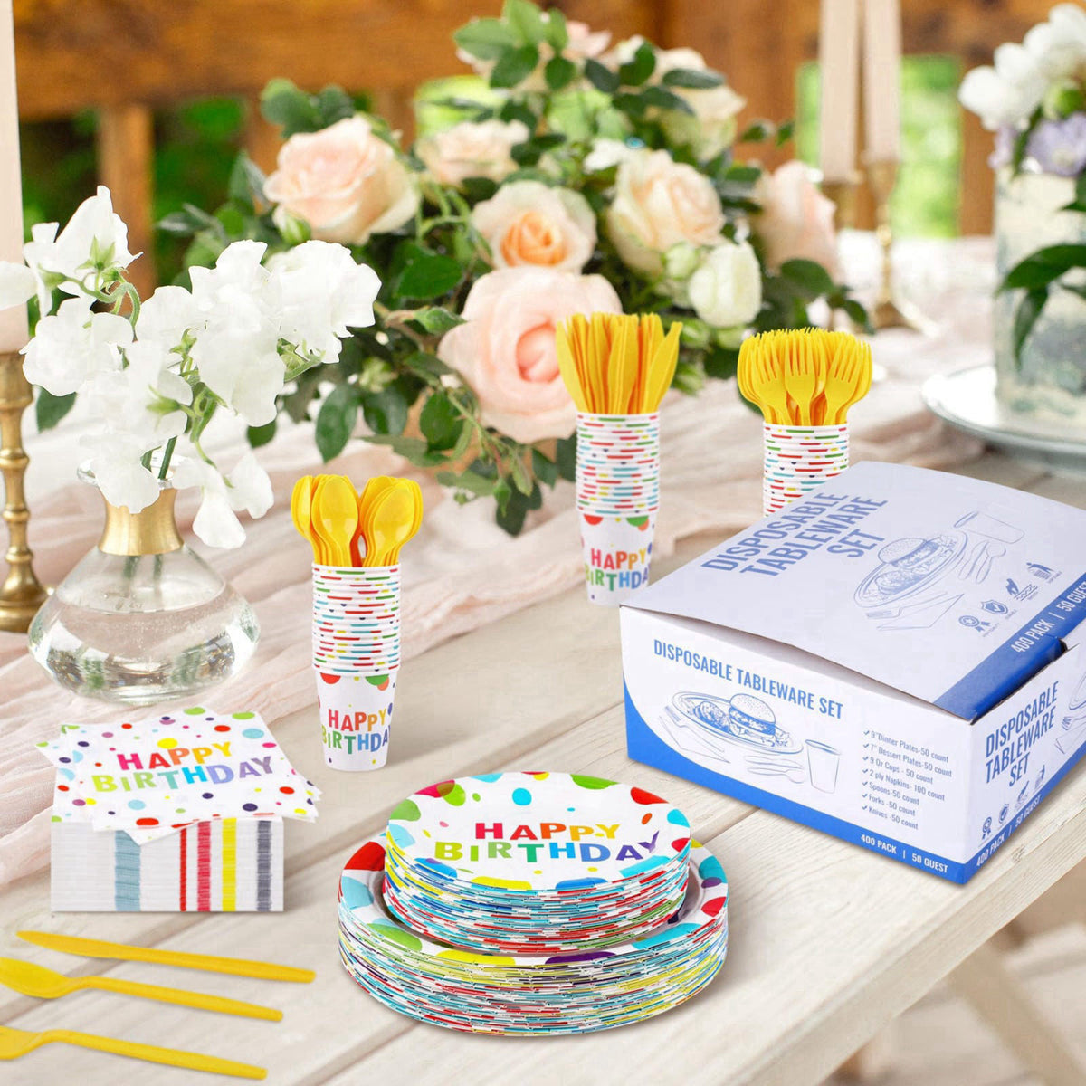 Kochorie 400 Pieces Happy Birthday Party Decorations Including Disposable Paper Plates Cups Napkins Tableware Sets Serve