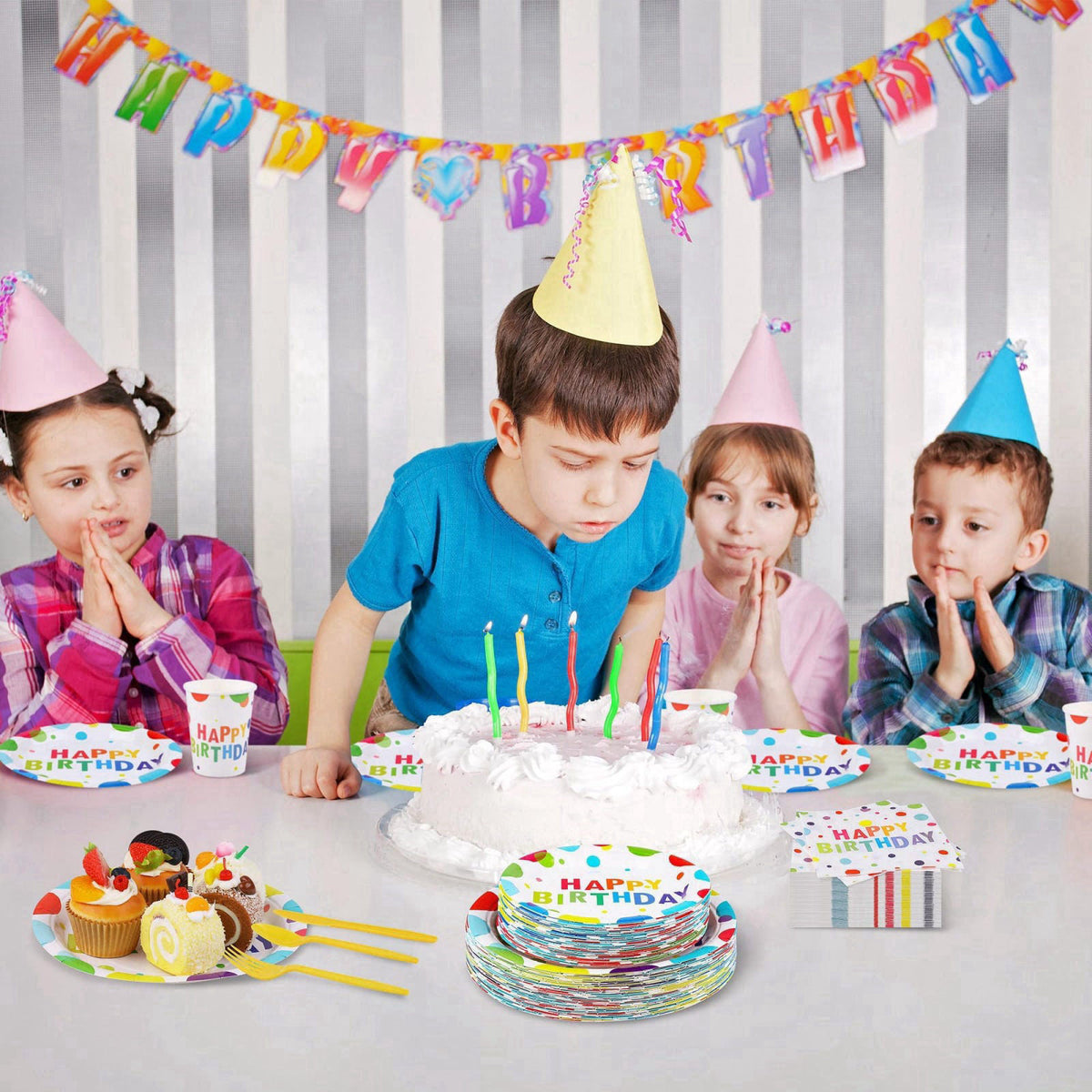 Kochorie 400 Pieces Happy Birthday Party Decorations Including Disposable Paper Plates Cups Napkins Tableware Sets Serve