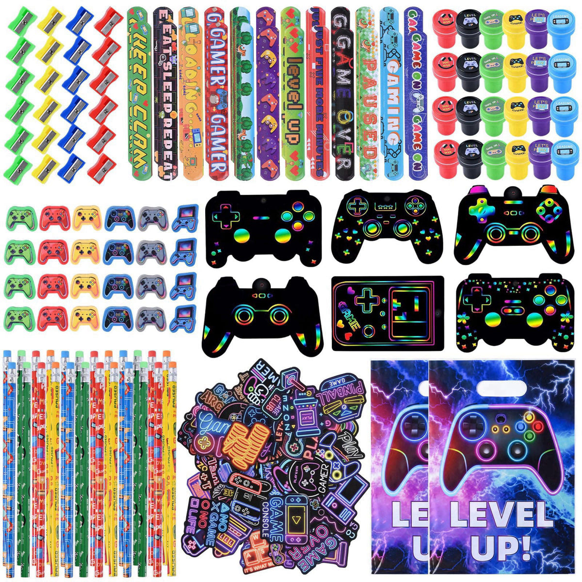 Ulema 218 Pcs Video Game Party Favors With Video Game Pencils Pencil Sharpener Slap Bracelets Stickers and Erasers for V