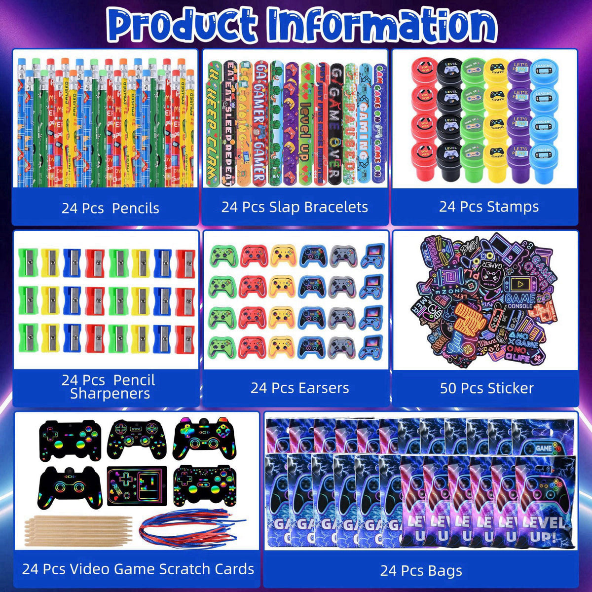 Ulema 218 Pcs Video Game Party Favors With Video Game Pencils Pencil Sharpener Slap Bracelets Stickers and Erasers for V