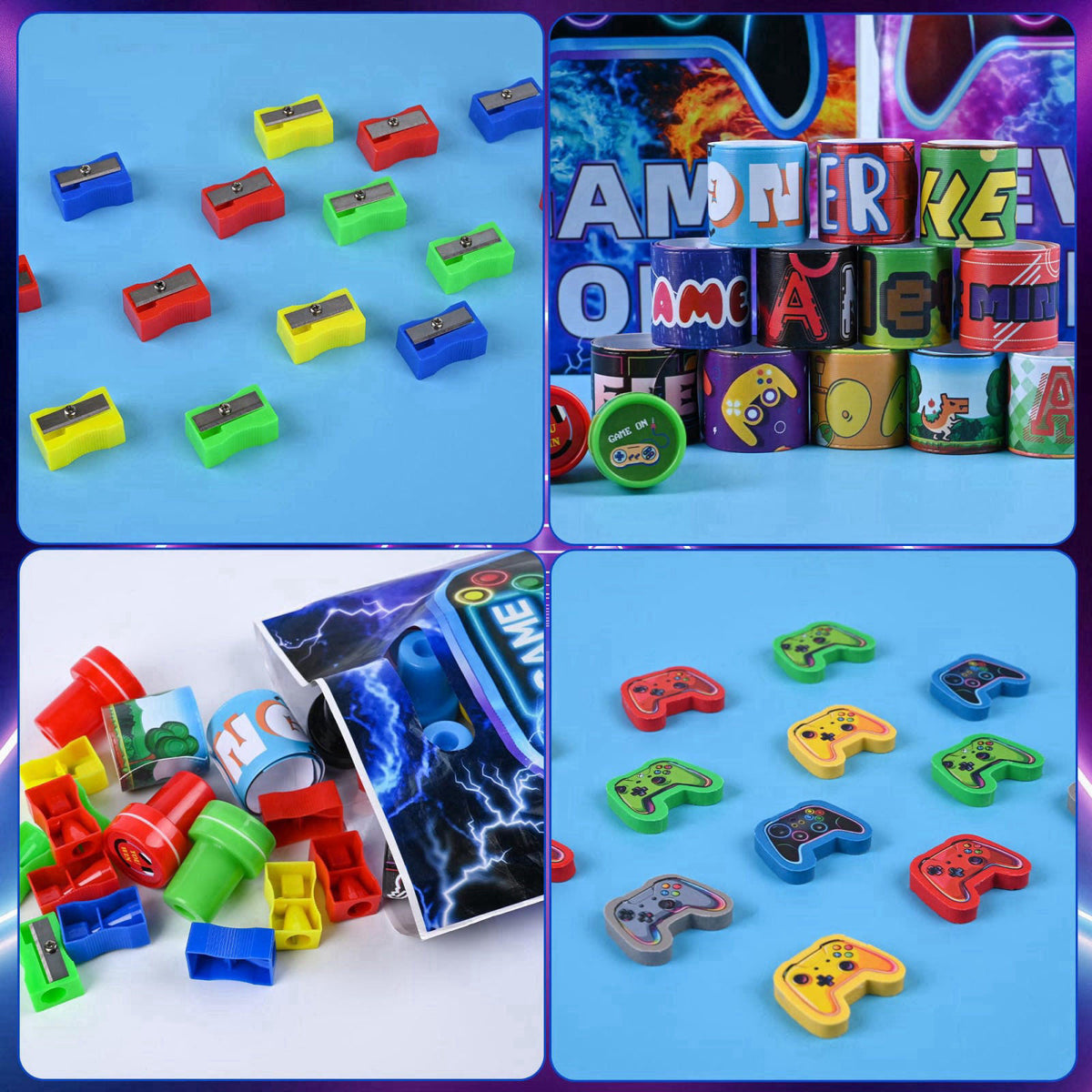 Ulema 218 Pcs Video Game Party Favors With Video Game Pencils Pencil Sharpener Slap Bracelets Stickers and Erasers for V