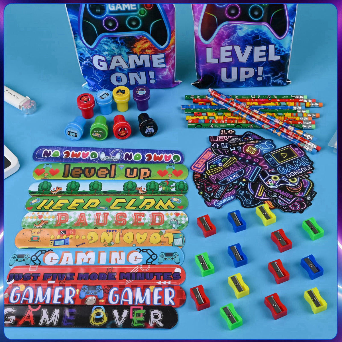 Ulema 218 Pcs Video Game Party Favors With Video Game Pencils Pencil Sharpener Slap Bracelets Stickers and Erasers for V