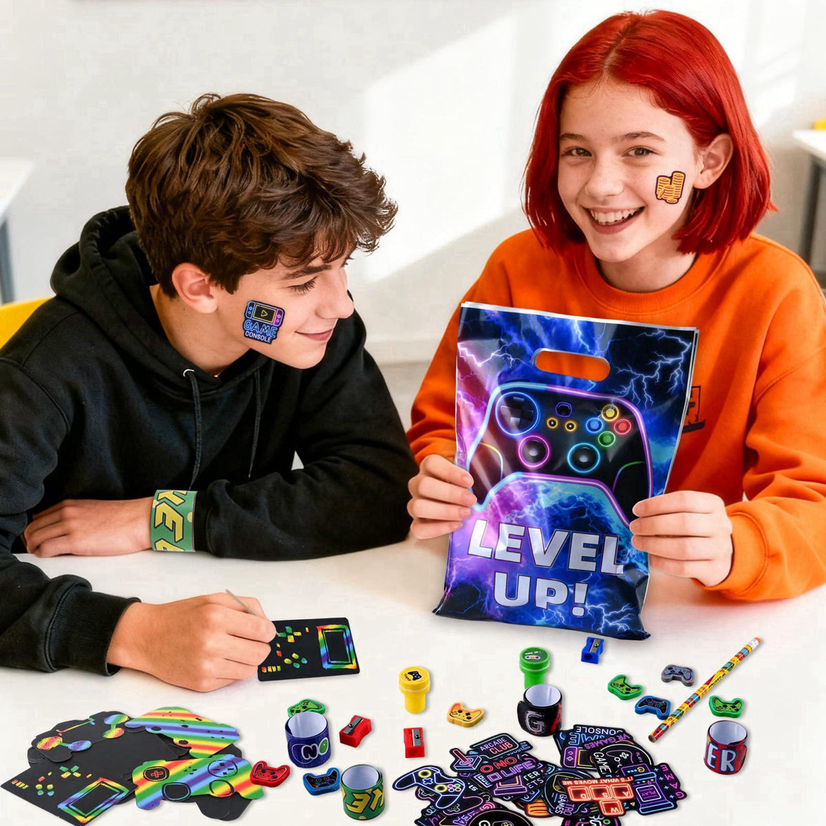 Ulema 218 Pcs Video Game Party Favors With Video Game Pencils Pencil Sharpener Slap Bracelets Stickers and Erasers for V
