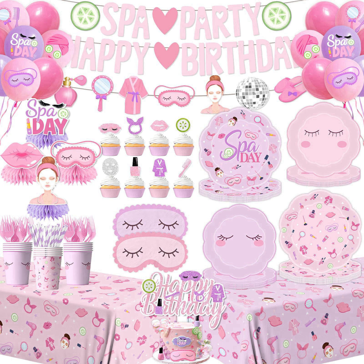 MUXJEQA Spa Party Supplies for Girls - 191Pcs Pink Sleepover Makeup Themed Banner Tableware Balloons Set,Spa Birthday Pa