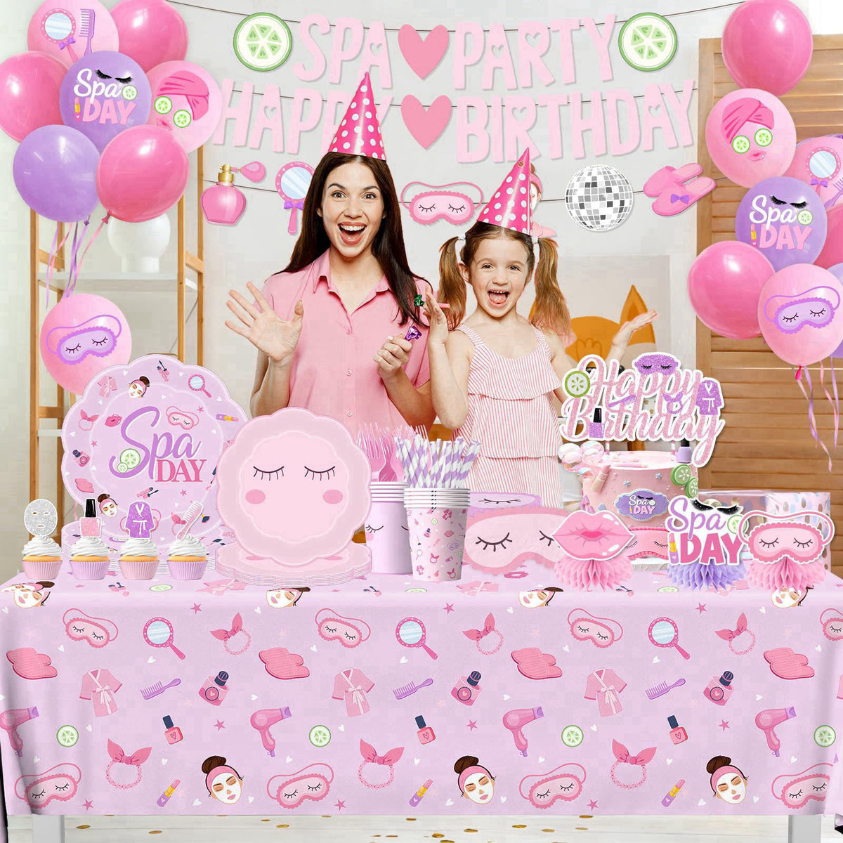 MUXJEQA Spa Party Supplies for Girls - 191Pcs Pink Sleepover Makeup Themed Banner Tableware Balloons Set,Spa Birthday Pa