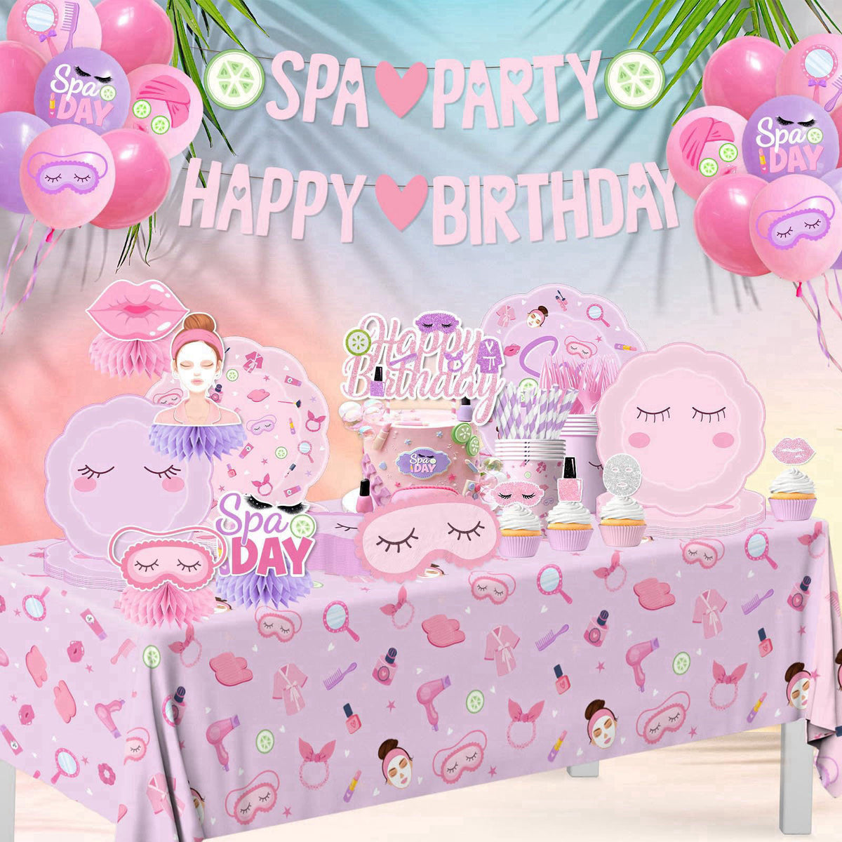 MUXJEQA Spa Party Supplies for Girls - 191Pcs Pink Sleepover Makeup Themed Banner Tableware Balloons Set,Spa Birthday Pa