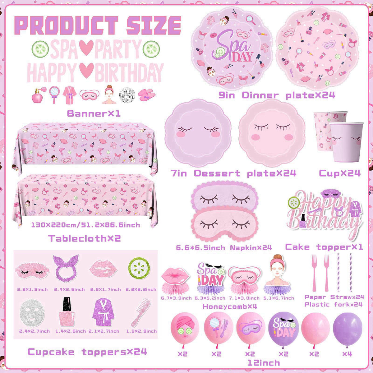 MUXJEQA Spa Party Supplies for Girls - 191Pcs Pink Sleepover Makeup Themed Banner Tableware Balloons Set,Spa Birthday Pa