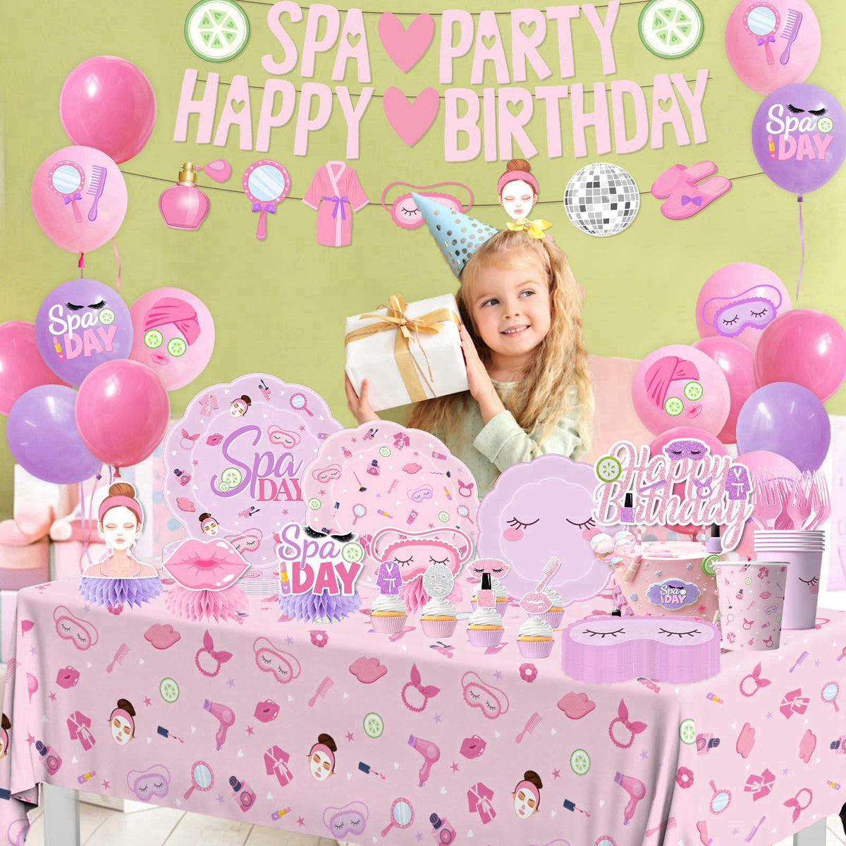 MUXJEQA Spa Party Supplies for Girls - 191Pcs Pink Sleepover Makeup Themed Banner Tableware Balloons Set,Spa Birthday Pa