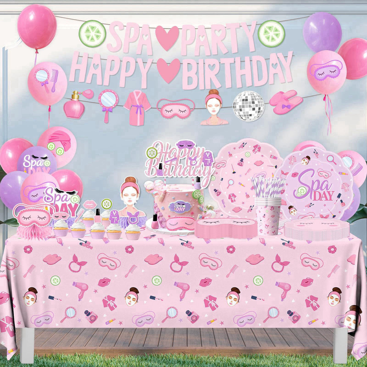 MUXJEQA Spa Party Supplies for Girls - 191Pcs Pink Sleepover Makeup Themed Banner Tableware Balloons Set,Spa Birthday Pa