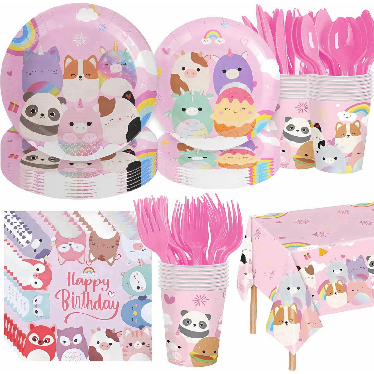Partymelon Cute Animals Birthday Decorations Kids Party Supplies with Plates Cups Napkins Spoons Forks Knives Tablecloth