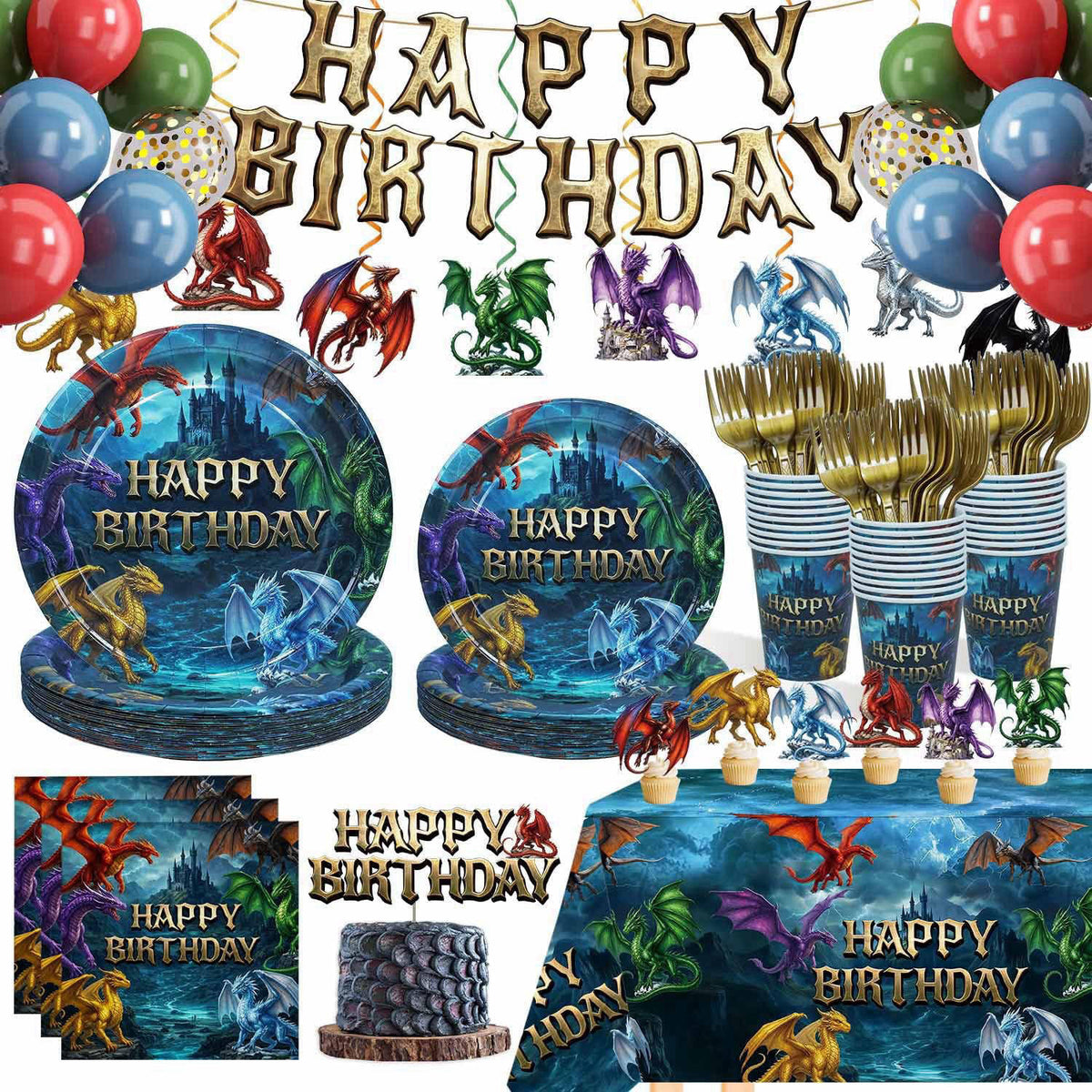 Caisehabu 185Pcs Dragon Birthday Party Decorations Serves 25 Guests