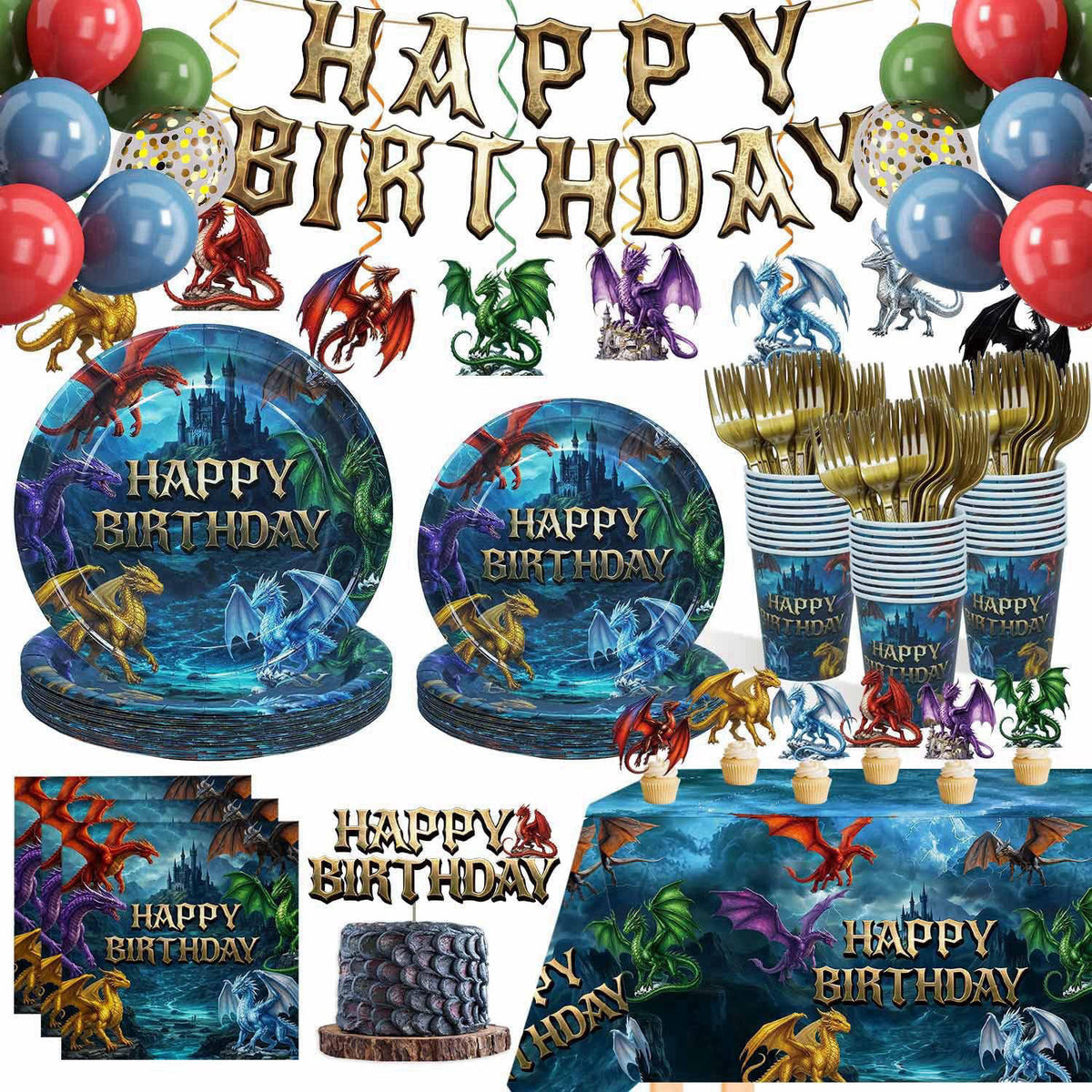 Caisehabu 185Pcs Dragon Birthday Party Decorations Serves 25 Guests – product photo (Party Packs)