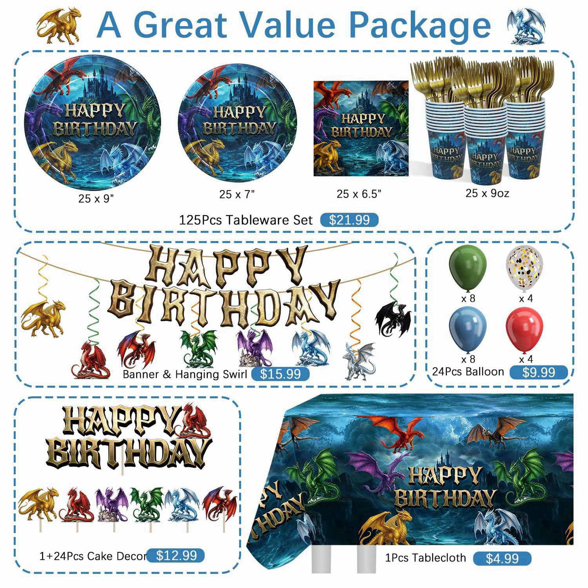 Caisehabu 185Pcs Dragon Birthday Party Decorations Serves 25 Guests – full view