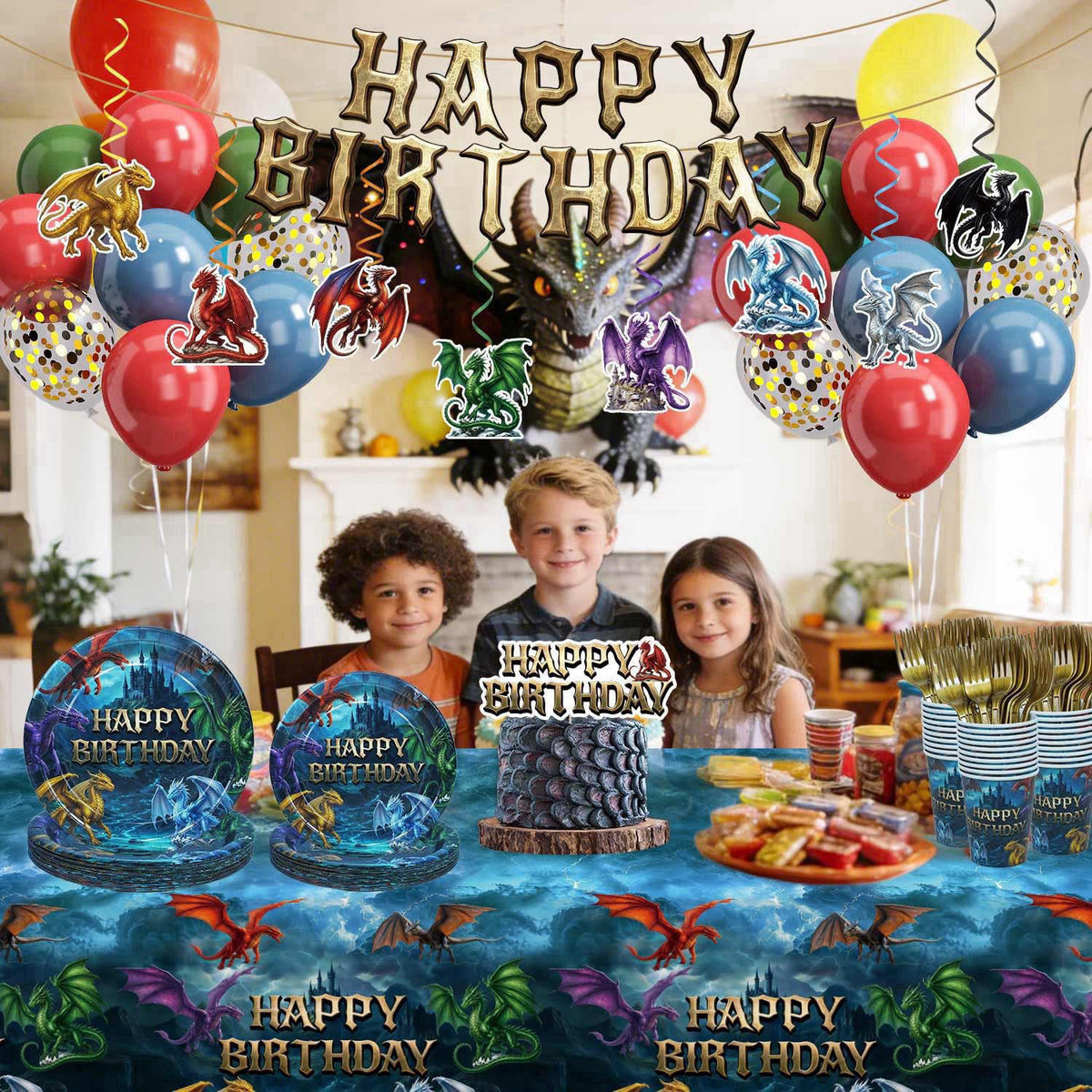 Caisehabu 185Pcs Dragon Birthday Party Decorations Serves 25 Guests – back view and specifications