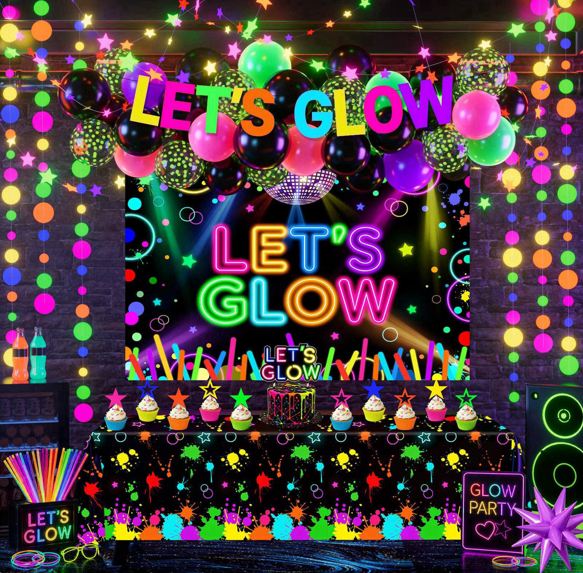OGMOGKW Neon Party Decorations, Glow In The Dark Party Supplies include Lets Glow Balloon Arch Kit, Banner, Backdrop, Ta