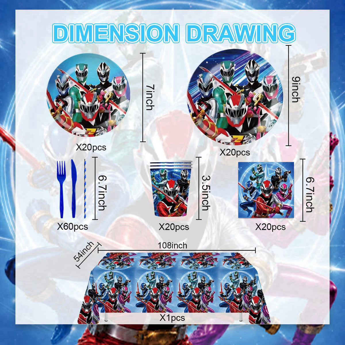 Zaprosze 141pcs Power Party Supplies Pack Includes，Napkin，Plates,Tablecloth,Spoon,Straw,Kinfe,for Rang-ers Happy Birthda