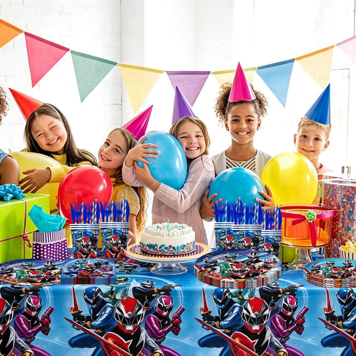Zaprosze 141pcs Power Party Supplies Pack Includes，Napkin，Plates,Tablecloth,Spoon,Straw,Kinfe,for Rang-ers Happy Birthda