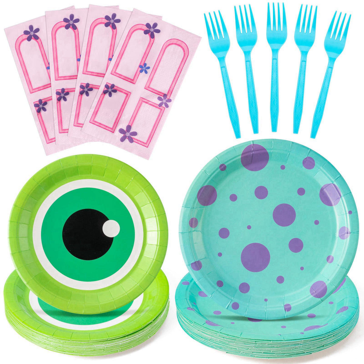 Andi Cppss Monster Birthday Party Supplies - 96pcs Paper Plates Napkins Plastic Forks Kids Girl Boy Little Birthday Part