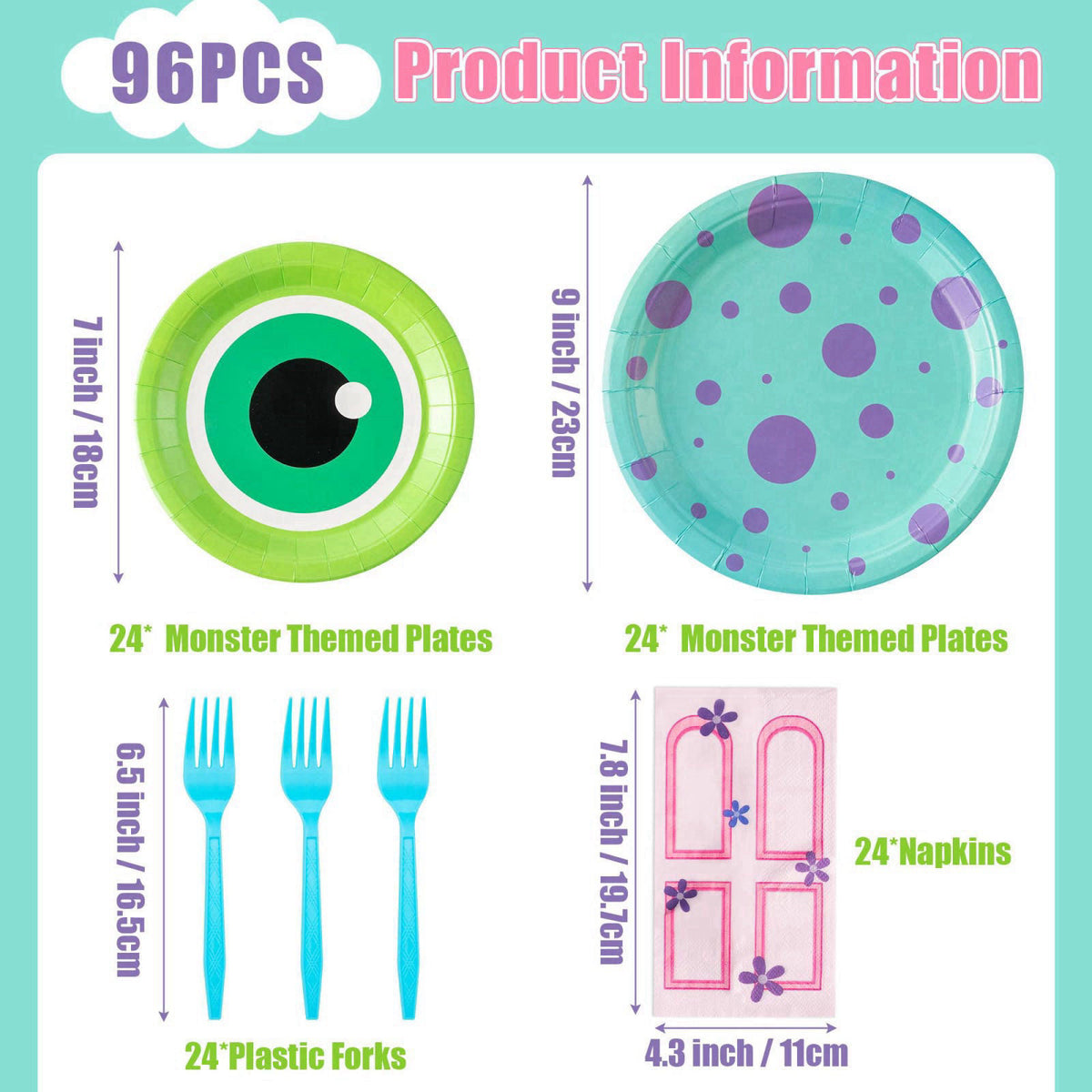 Andi Cppss Monster Birthday Party Supplies - 96pcs Paper Plates Napkins Plastic Forks Kids Girl Boy Little Birthday Part