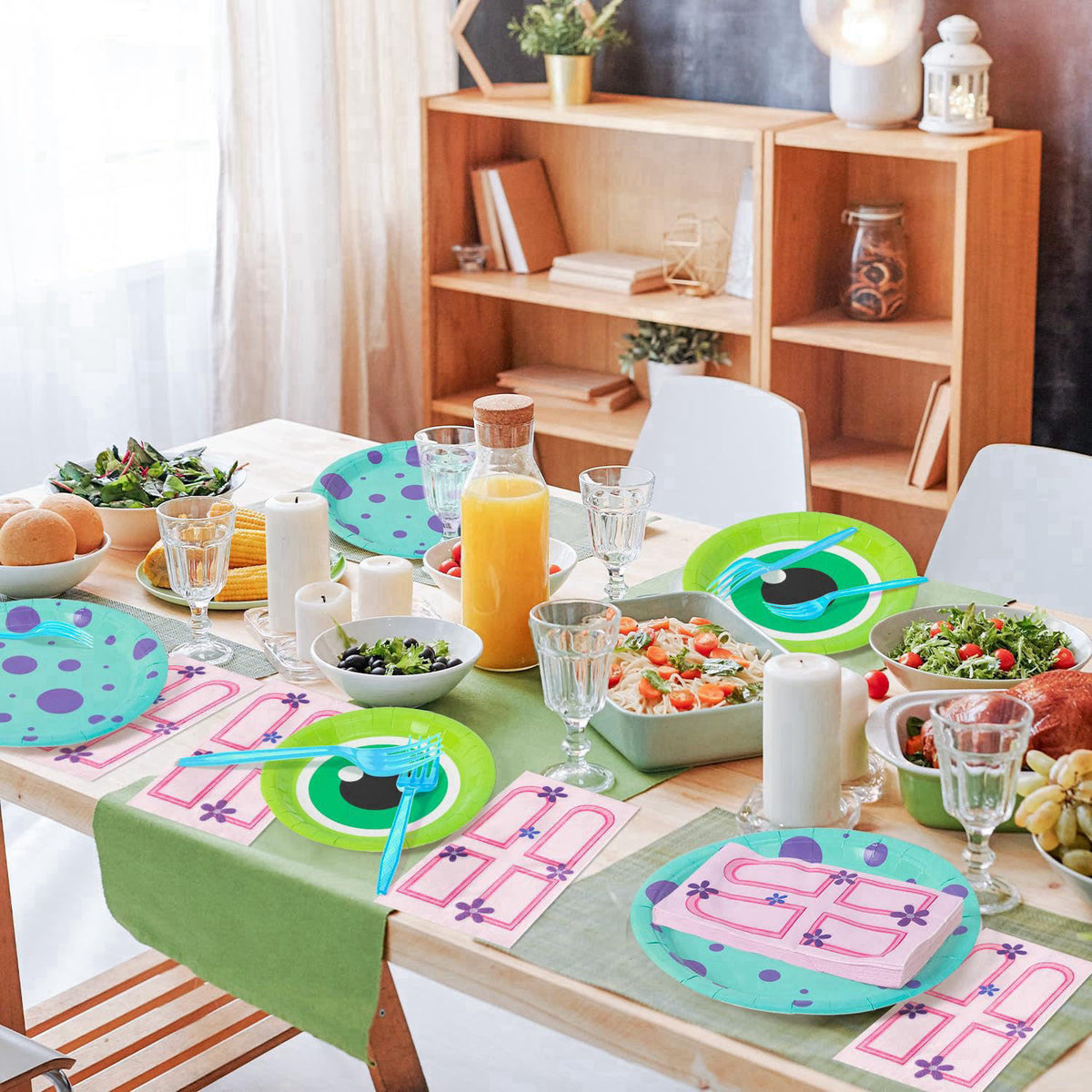 Andi Cppss Monster Birthday Party Supplies - 96pcs Paper Plates Napkins Plastic Forks Kids Girl Boy Little Birthday Part