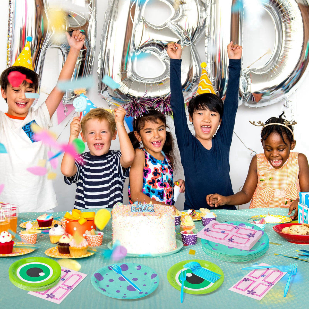 Andi Cppss Monster Birthday Party Supplies - 96pcs Paper Plates Napkins Plastic Forks Kids Girl Boy Little Birthday Part