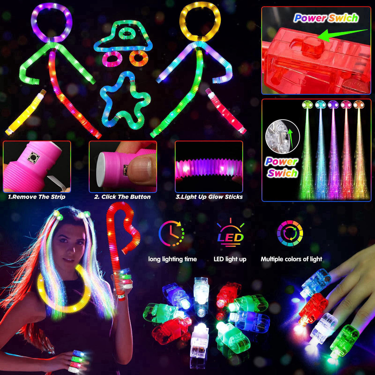 SHQDD Party Supplies, Glow in the Dark Party Favors for Adults Kids, 27 Carnival Accessories, 56 LED Light Up Toys Bulk,