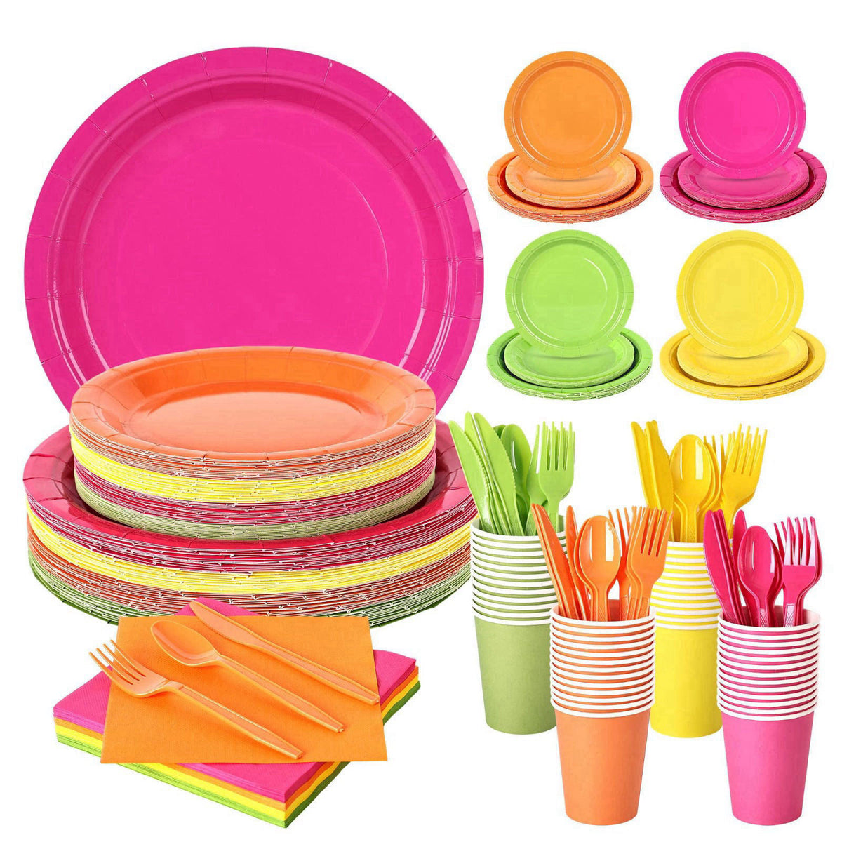 COSINIA 350 Pcs Neon Disposable Plates and Napkins Tableware Set for 50 Guests